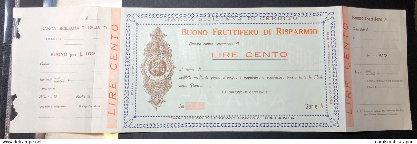 Catania Banca Siciliana Di Credito 100 Lire Buono Fruttifero Di Risparmio Lotto 3882 - Sonstige & Ohne Zuordnung