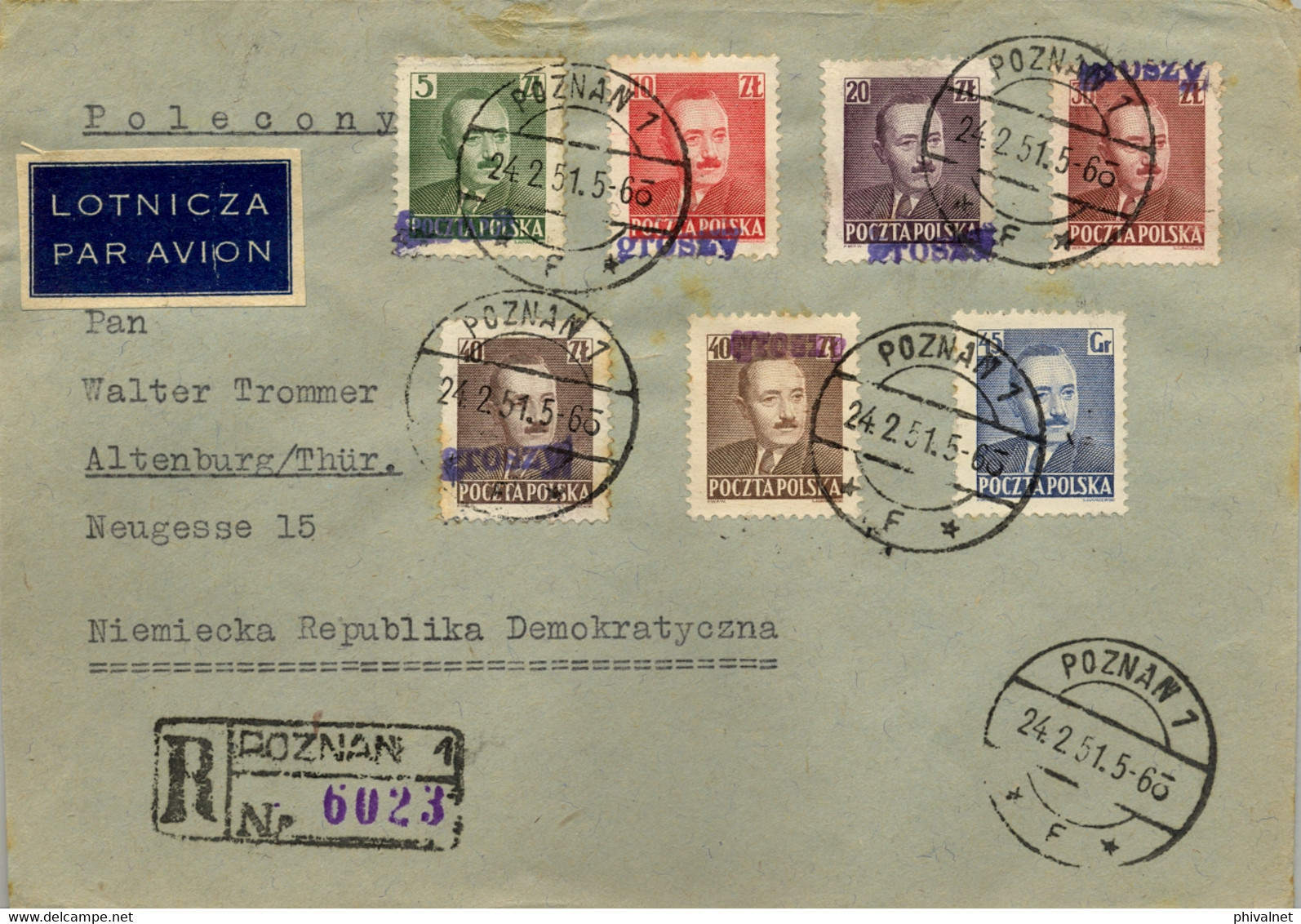1951 POLONIA , CERTIFICADO POZNAN - ALTENBURG , LLEGADA , SOBRECARGA " GROSZY " , PRESIDENTE BIERUT , POR AVION - Covers & Documents