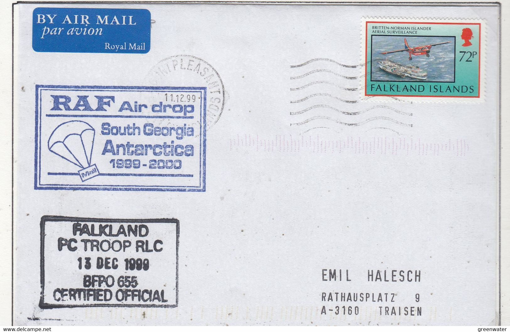 Falkland Islands 1999 Cover Ca RAF Air Drop South Georgia Ca PC Troop Rlc Ca Mount Plaisant 11.12.99 (FL211B) - Falkland