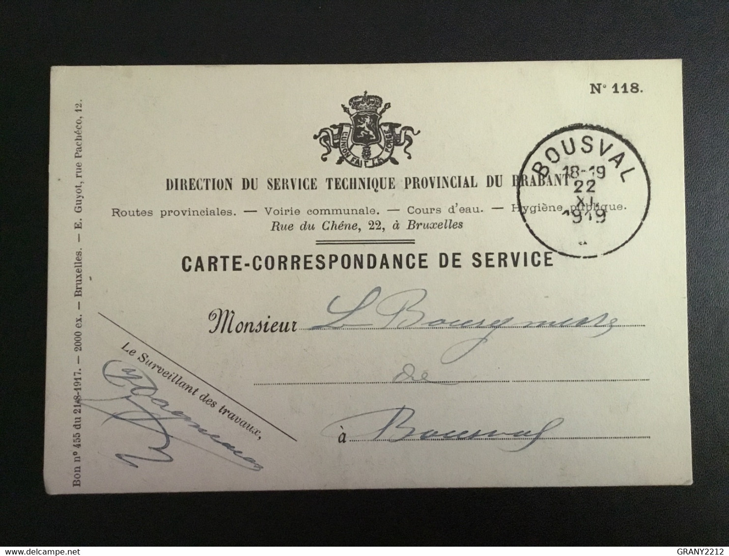 GENAPPE  - BOUSVAL »MONSIEUR LE BOURGMESTRE 1919  « CARTE - CORRESPONDANCE DE SERVICE - Genappe