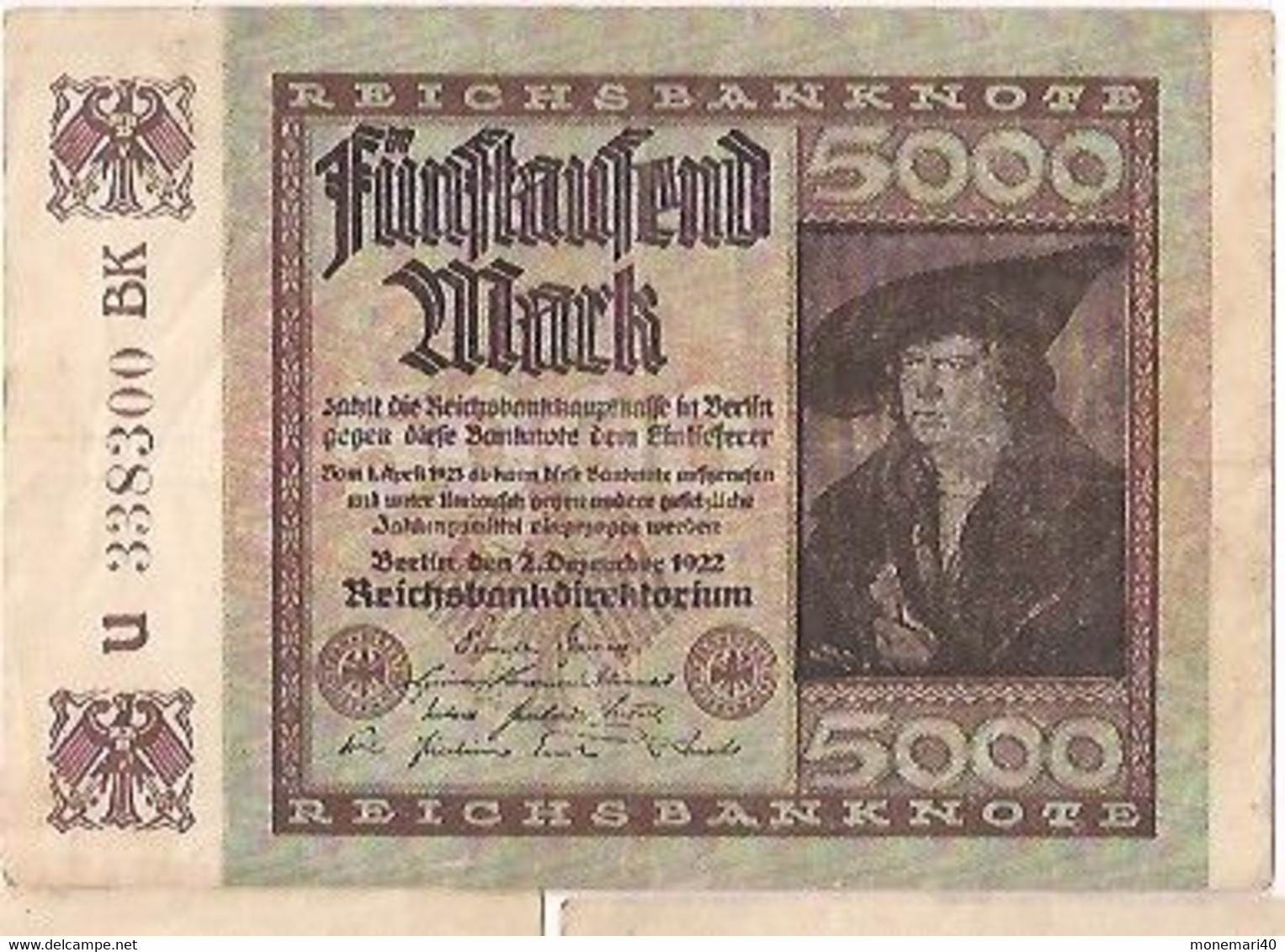 ALLEMAGNE 5000 MARK - U 338300 BK - REICHSBANKNOTE - 2 DÉCEMBRE 1922 - 5.000 Mark