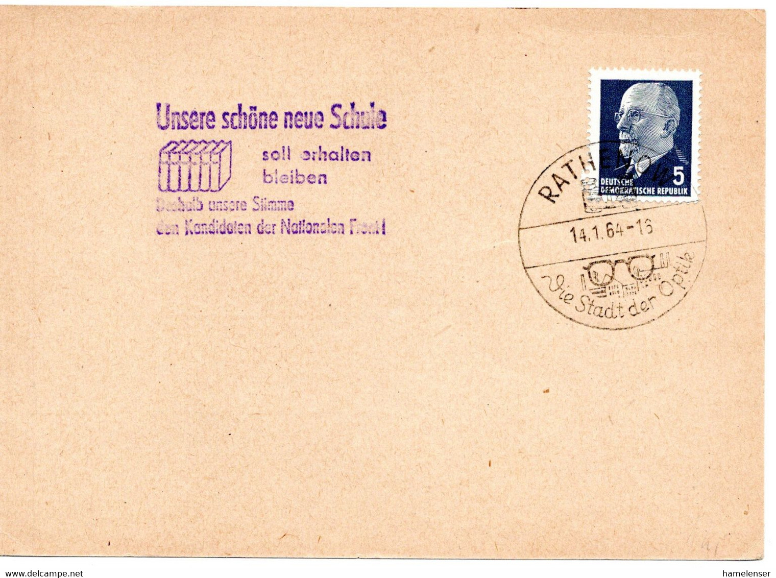 58045 - DDR - 1964 - 5Pfg Ulbricht EF A Kte RATHENOW - DIE STADT DER OPTIK, M. Propagandastpl - Briefe U. Dokumente