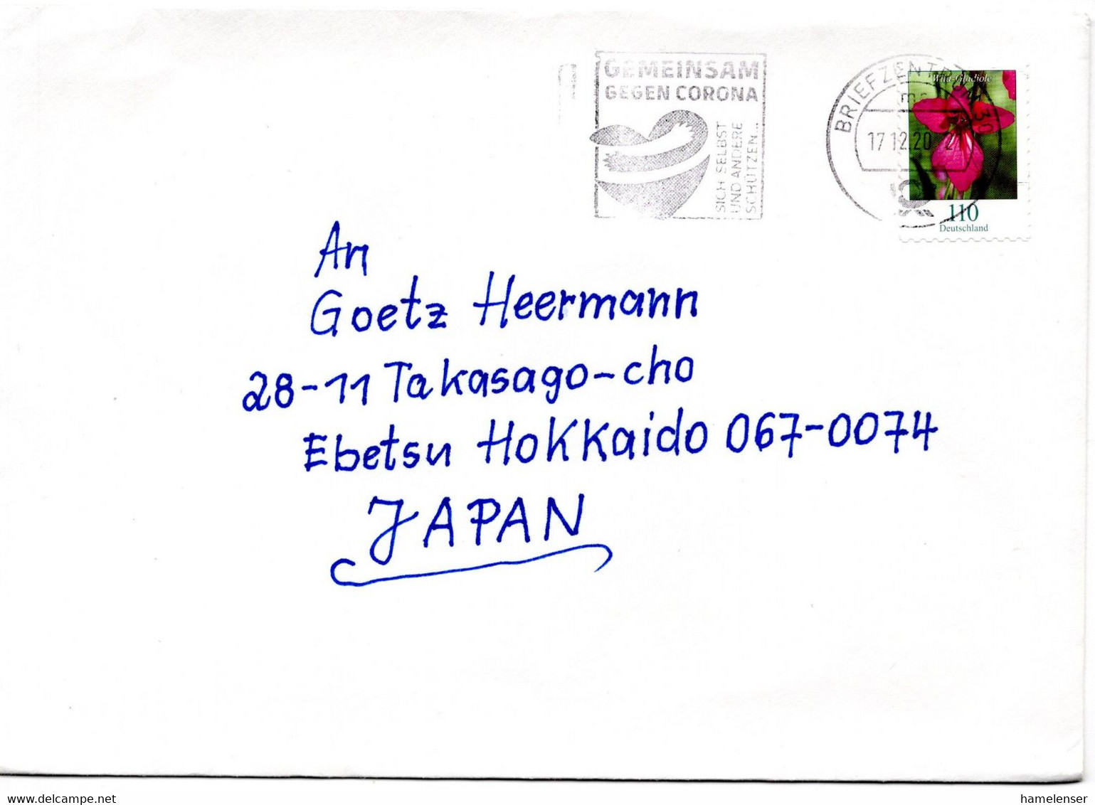 58077 - Bund - 2020 - 110c Blumen EF A Bf BRIEFZENTRUM 30 - GEMEINSAM GEGEN CORONA -> Japan - Lettres & Documents