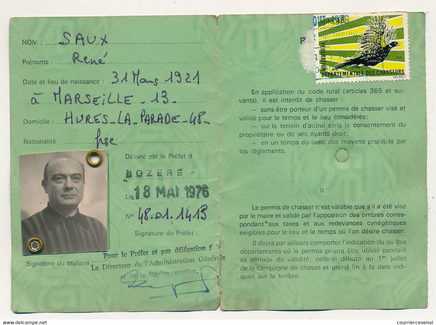 FRANCE - Permis de Chasser, Département de Lozère, 1976 + volet 1977/1978 - timbre fiscal départemental type Daussy