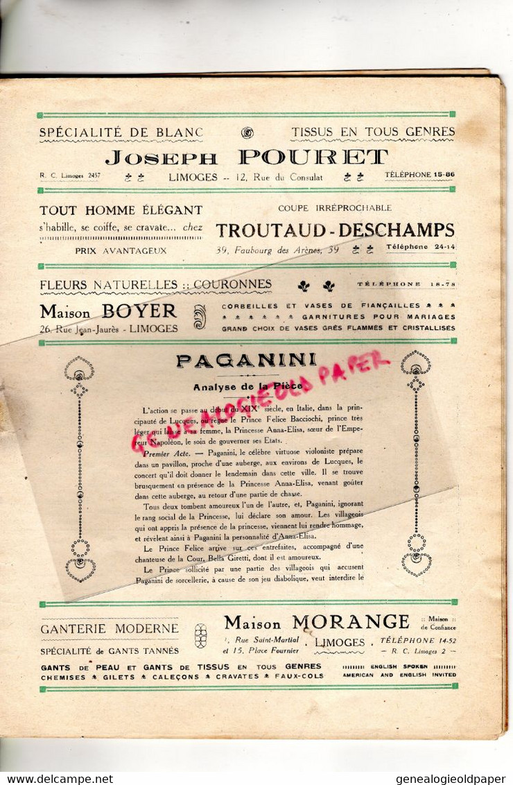 87- LIMOGES- PROGRAMME CIRQUE THEATRE MUNICIPAL-CAZAUTETS-HANS JOUEUR DE FLUTE-PAGANINI-1929-1930-FRANZ LEHAR-BERNIS