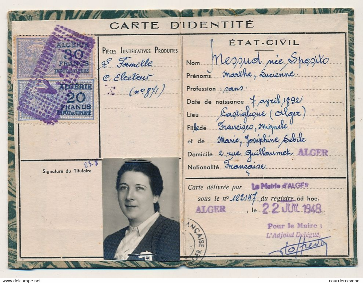 ALGERIE - FISCAUX 20F Et 30F Type Daussy Impôt Du Timbre, Sur Carte D'identité - Alger 1948 - Sonstige & Ohne Zuordnung