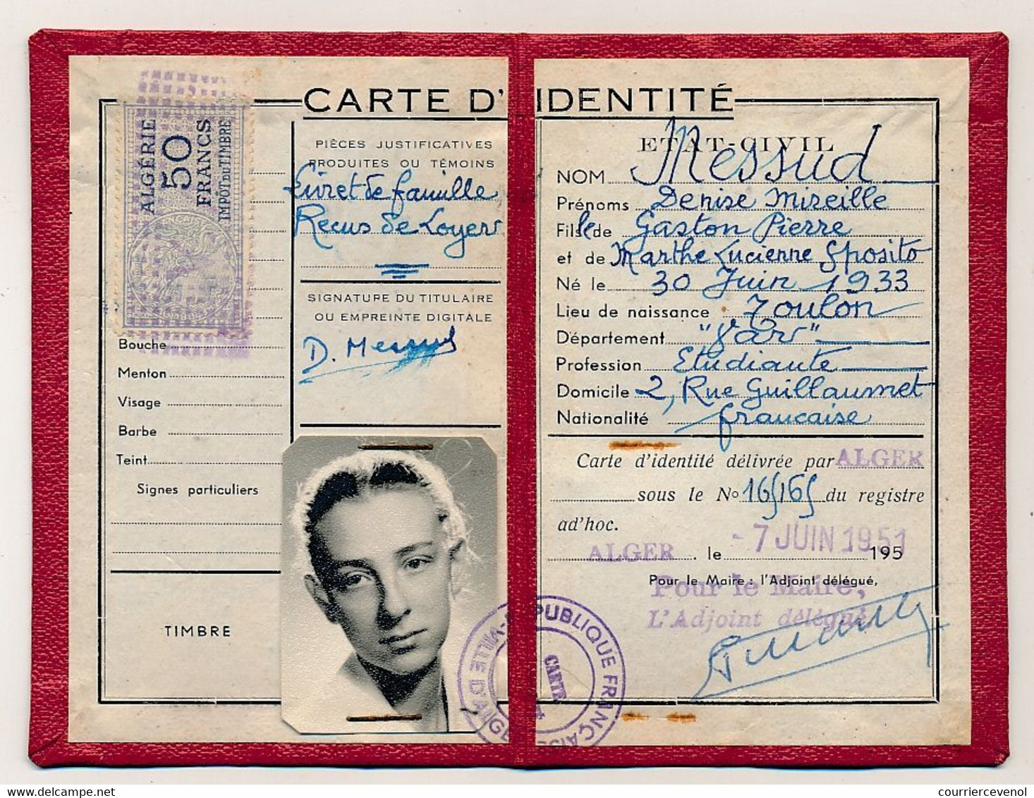 ALGERIE - FISCAL 50F Type Daussy Impôt Du Timbre, Sur Carte D'identité - Alger 1951 - Other & Unclassified