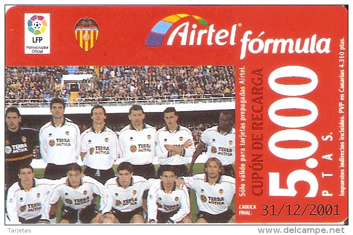 ACR-076 TARJETA DE AIRTEL DEL EQUIPO DE FUTBOL VALENCIA 5000 PTAS (FOOTBALL) - Airtel