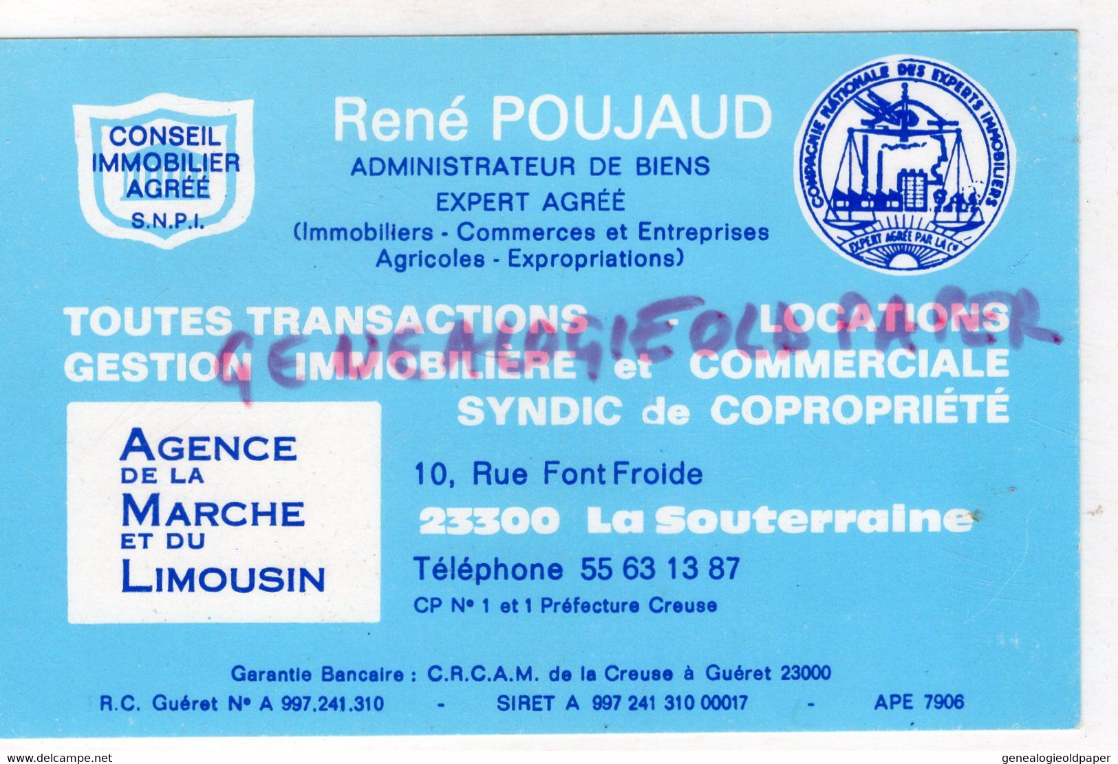 23-LA SOUTERRAINE- RARE CARTE RENE POUJAUD ADMINISTRATEUR DE BIENS-IMMOBILIER COMMERCES- 10 RUE FONTFROIDE - Petits Métiers