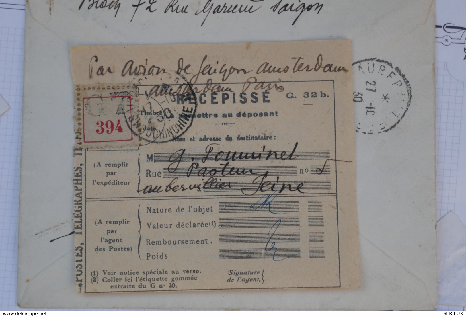 AU1 INDOCHINE BELLE LETTRE RARE 1931 SAIGON POUR  FRANCE +REçU ENREG. EXPEDITION++ DOUBLE MENTION + AFFRANC.INTERESSANT - Briefe U. Dokumente