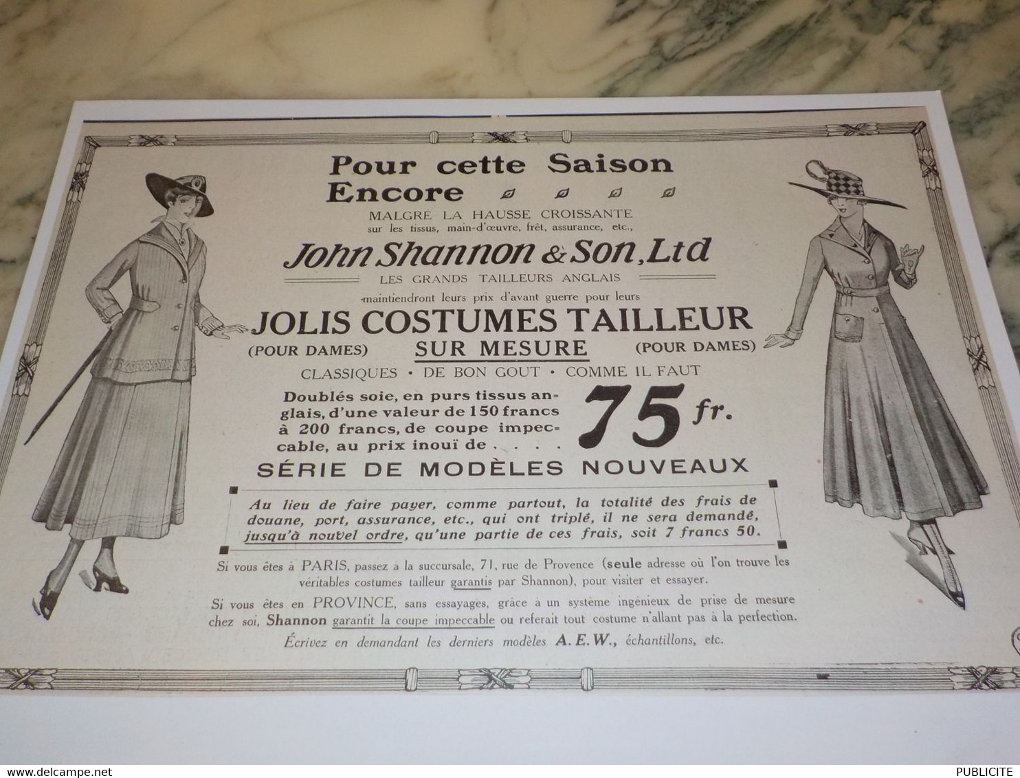 ANCIENNE PUBLICITE JOLIS COSTUMES JOHN SHANNON 1917 - 1900-1940