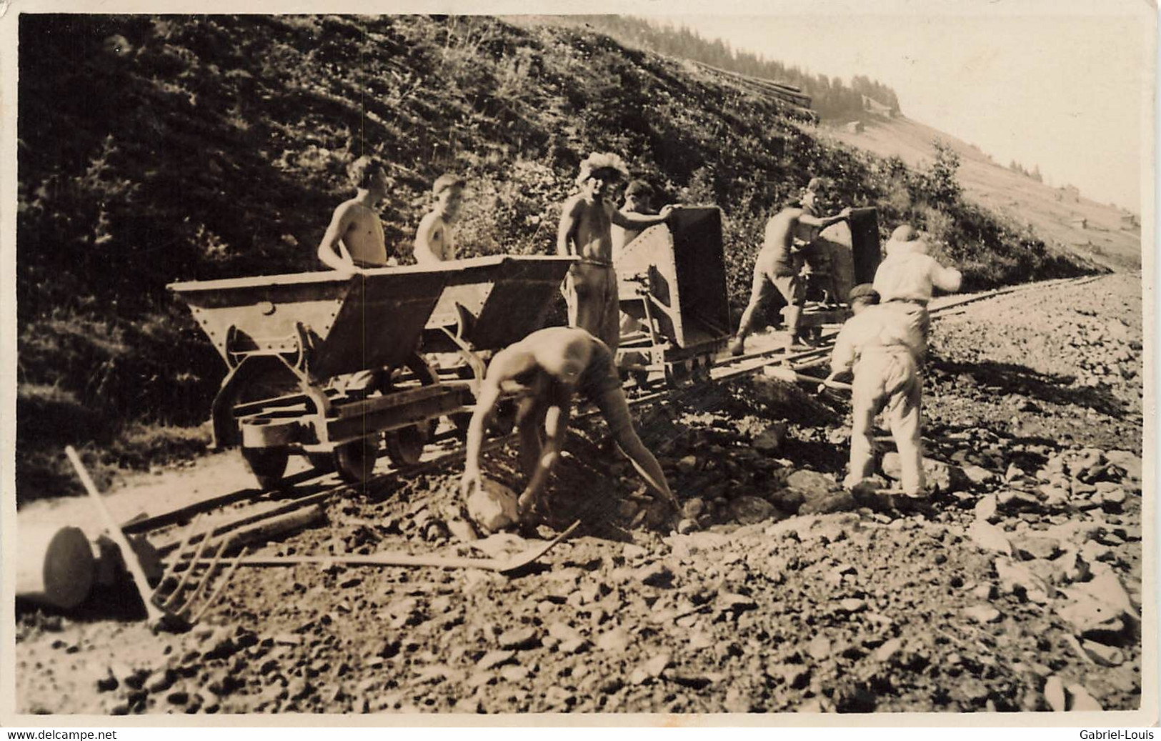 Carte Photo Surselva Safien-Platz 1932 Arbeit Von Minderjährigen Minenwagen - Safien