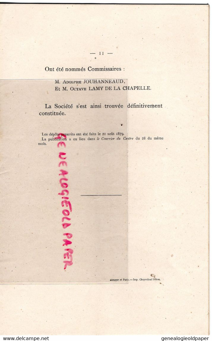 87-23-19- ECOLE -SOCIETE ETABLISSEMENTS SCOLAIRES LIMOGES-ETUDE HERVY NOTAIRE 1879- ADOLPHE JOUHANNEAUD-LAMY LA CHAPELLE - Limousin