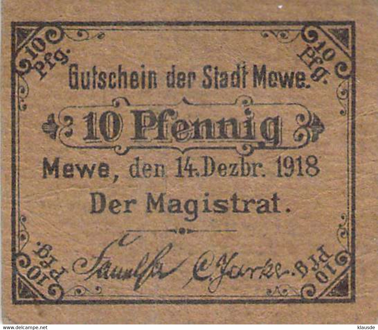 Mewe (Gniew) Westpr. Notgeld 10+15Pfg. UNC - 1. WK