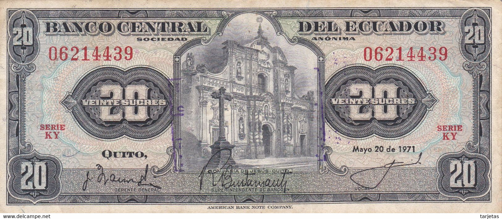 BILLETE DE ECUADOR DE 20 SUCRES DEL AÑO 1971  (BANK NOTE) - Equateur