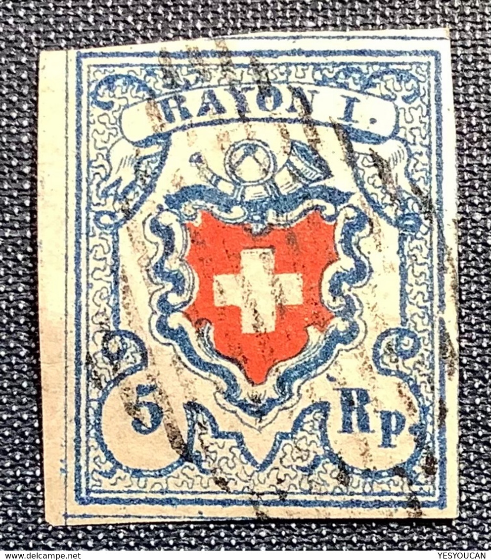 1851, Zst 17 II Stein B3 T.25 RU, 5 Rp Rayon I KE SPUREN ! (Attest Marchand Schweiz Suisse Certificat Cert Mi.9 II - 1843-1852 Timbres Cantonaux Et  Fédéraux