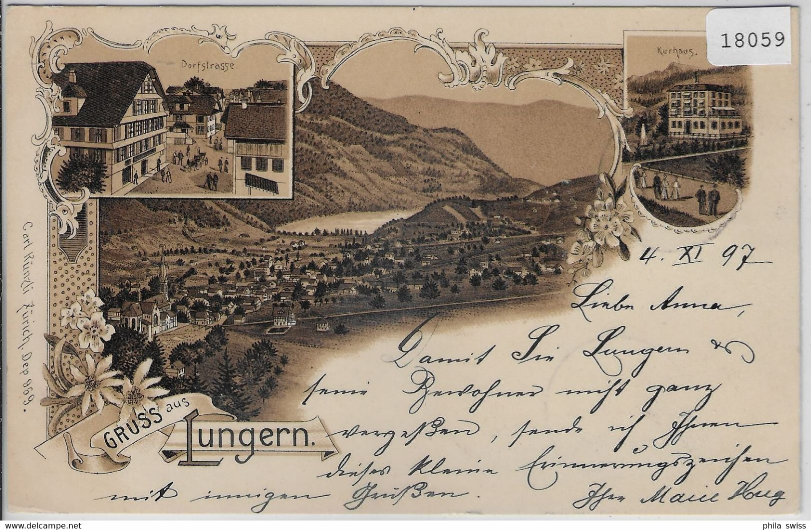 Gruss Aus Lungern - Litho 1897 - Dorfstrasse, Kurhaus, Totalansicht - Lungern