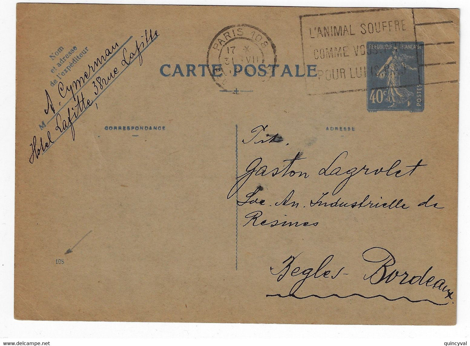 PARIS 108 Carte Postale Entier 40c Semeuse Yv Ob Meca Flier Animal Souffre SPA Dreyfus B108106 Yv 237-CP1 Mill 105 - Standard- Und TSC-AK (vor 1995)