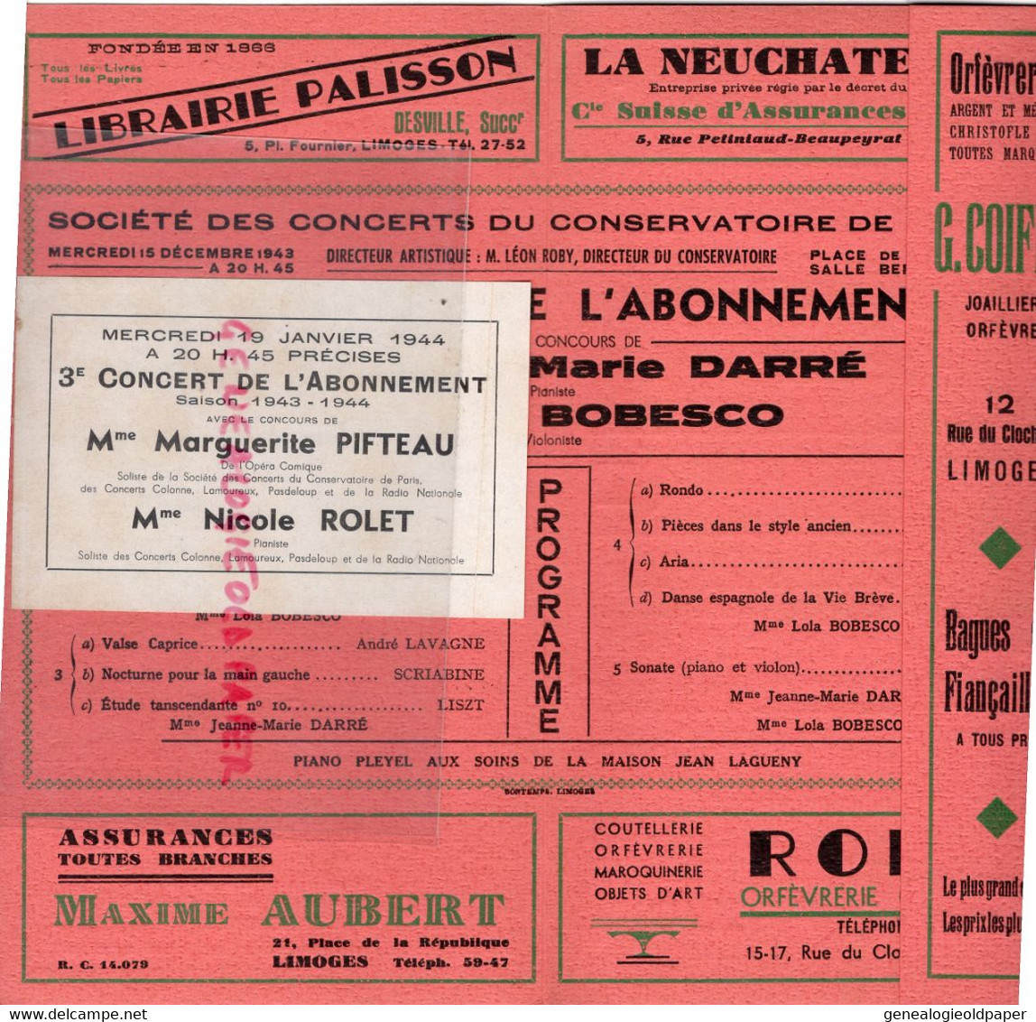 87-LIMOGES-PROGRAMME SOCIETE CONCERTS CONSERVATOIRE MUSIQUE-PLACE EVECHE-1943-JEANNE MARIE DARRE-LOLA BOBESCO - Programma's