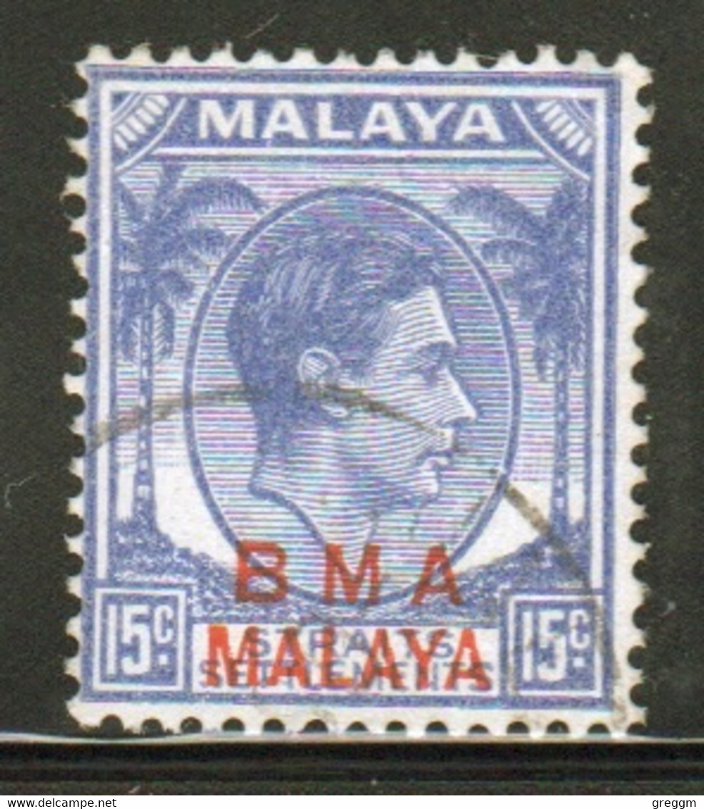 Malaya British Military Administration 1945 George V Single 15c Stamp Overprinted BMA In Fine Used Condition. - Malaya (British Military Administration)