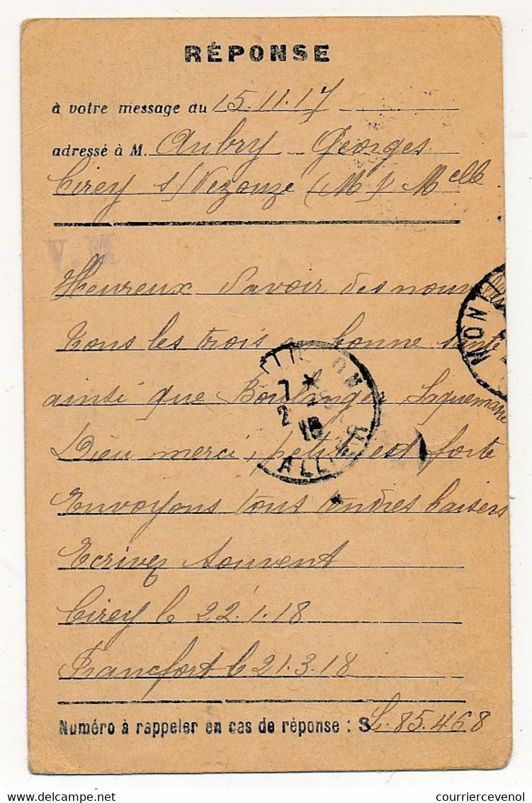 Correspondance Avec Les Départements Envahis, Depuis M Et Moselle 1915, Pour Montlucon - Cartas & Documentos
