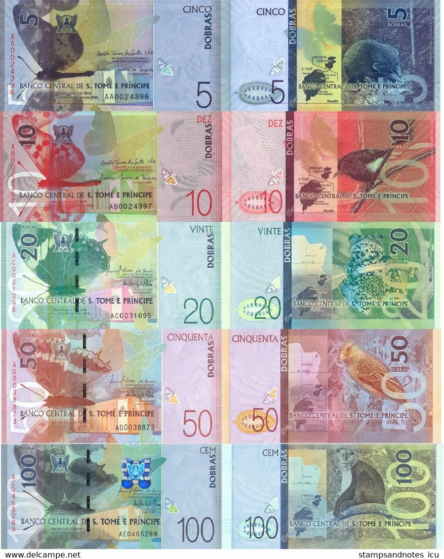 SAINT THOMAS & PRINCE 5 10 20 50 100 Dobras P 72 73 74 W76 W77 2016 2020 (2021) UNC Set 5 Banknotes, Paper - Sao Tome En Principe