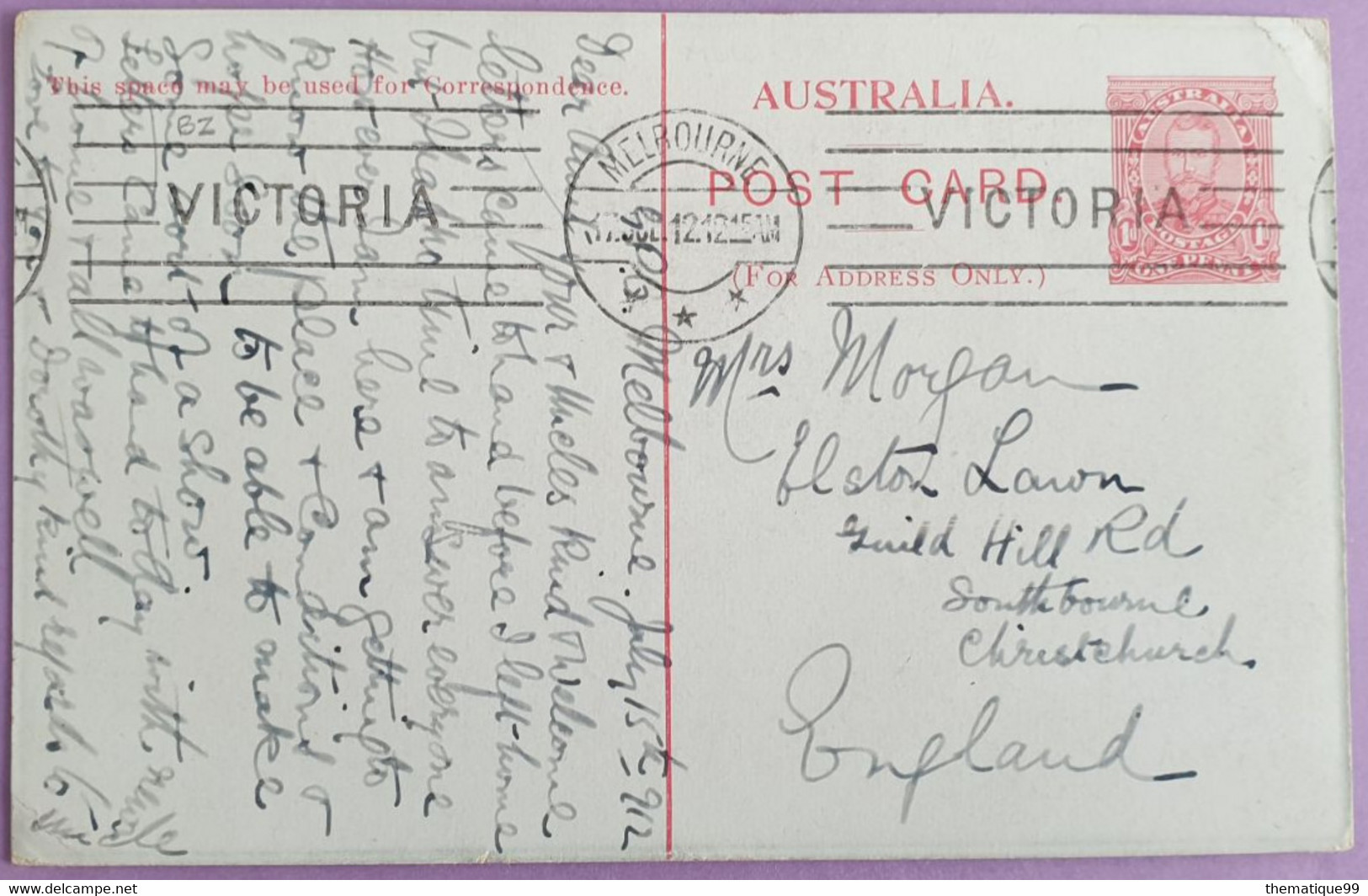 Entier Postal D'Australie (1912) Illustré Chute D'eau, Arbre, Cailloux, Phantom Falls Victoria - Andere & Zonder Classificatie