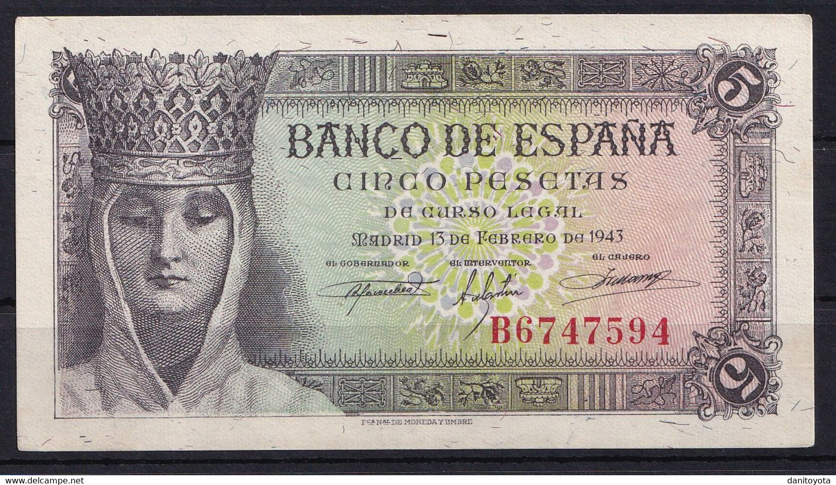 ESPAÑA. EDIFIL 446a. 5 PTAS 13 DE FEBRERO DE 1943. SERIE B. CONSERVACION EBC - 5 Peseten