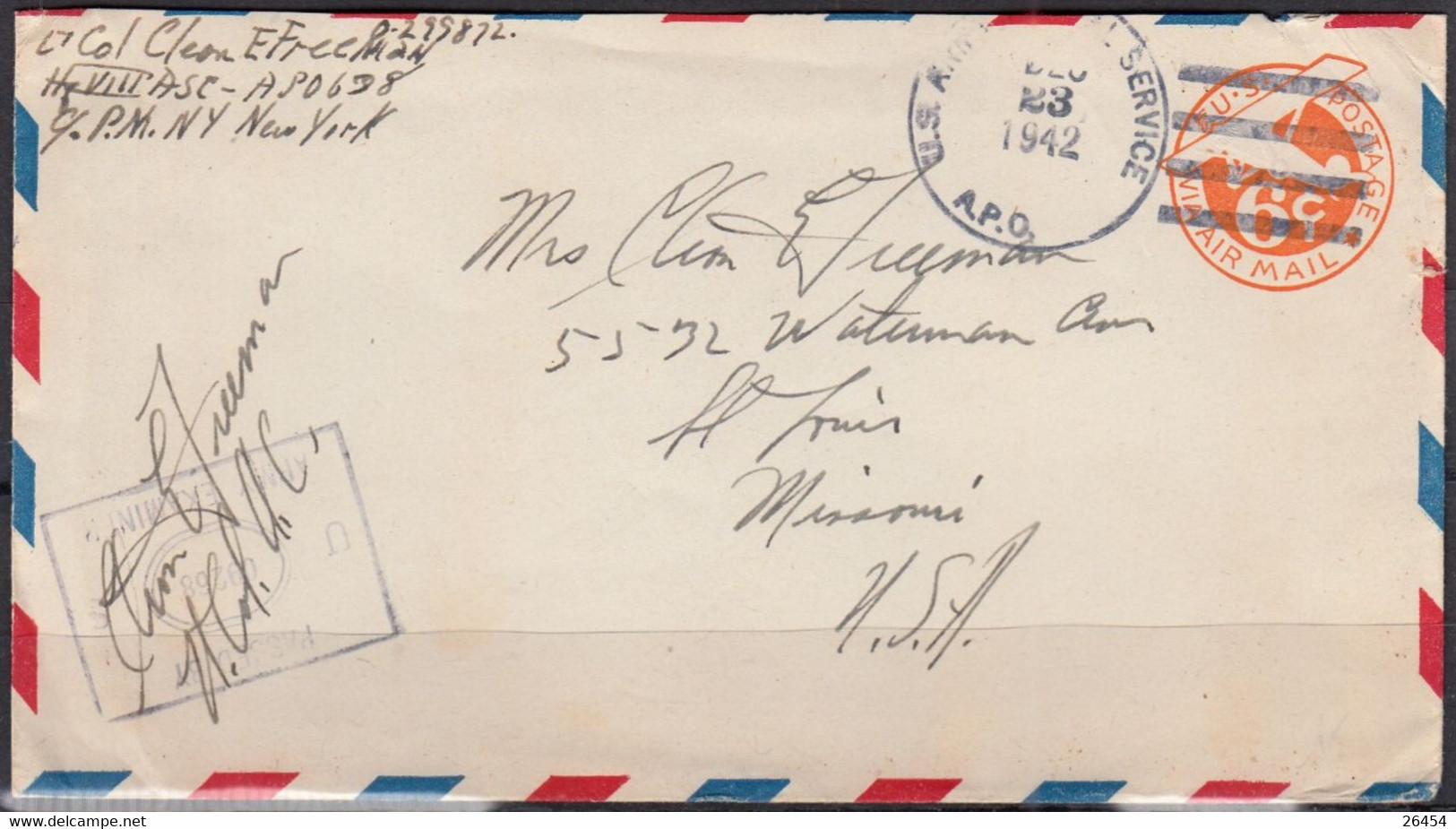 U.S.A. Militaria Enveloppe Entier 6c " EXAMINER  US ARMY " Le 23 Déc 1942 Pour ST LOUIS Du Lt.Col Cleon .E.FREEMAN N.Y. - 1941-60