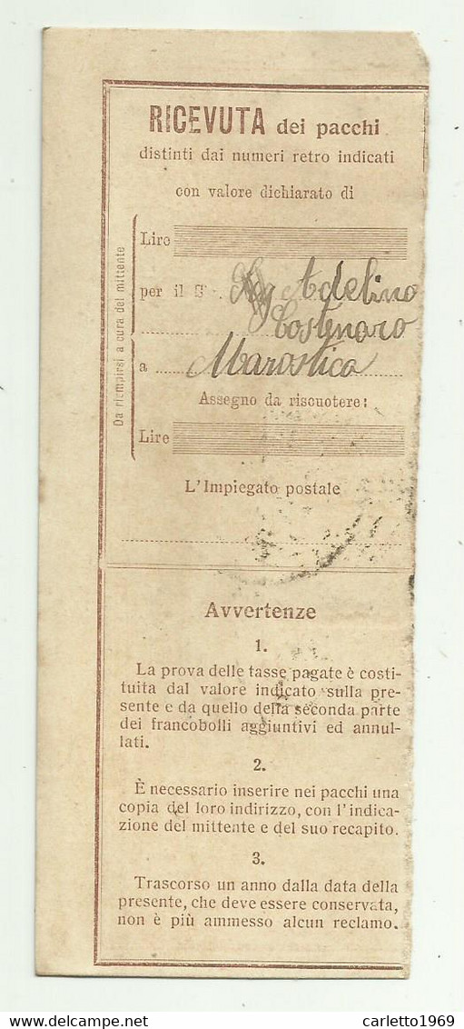 RICEVUTA PACCHI LIRE 1 + CENT. 25 + CENTESIMI 50 DA MAROSTICA  PER CAMPI BISENZIO 1925 - Colis-postaux