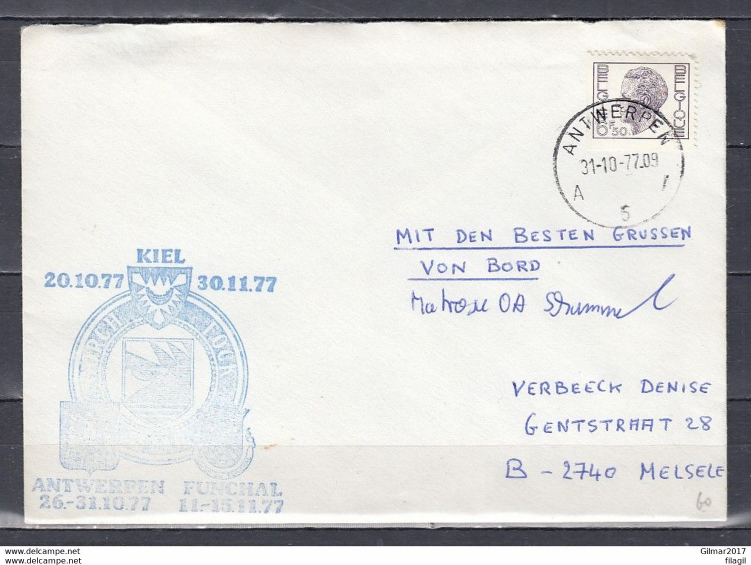 Brief Van Antwerpen A5A Naar Melsele Antwerpen Funchal - 1970-1980 Elström
