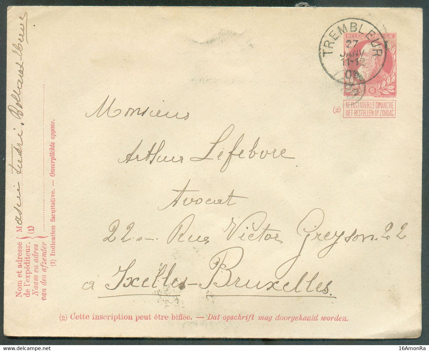 E.P. Enveloppe-lettre 10c. Obl. Sc TREMBLEUR 27 Janvier 1909 Vers Ixelles - 19249 - Omslagbrieven