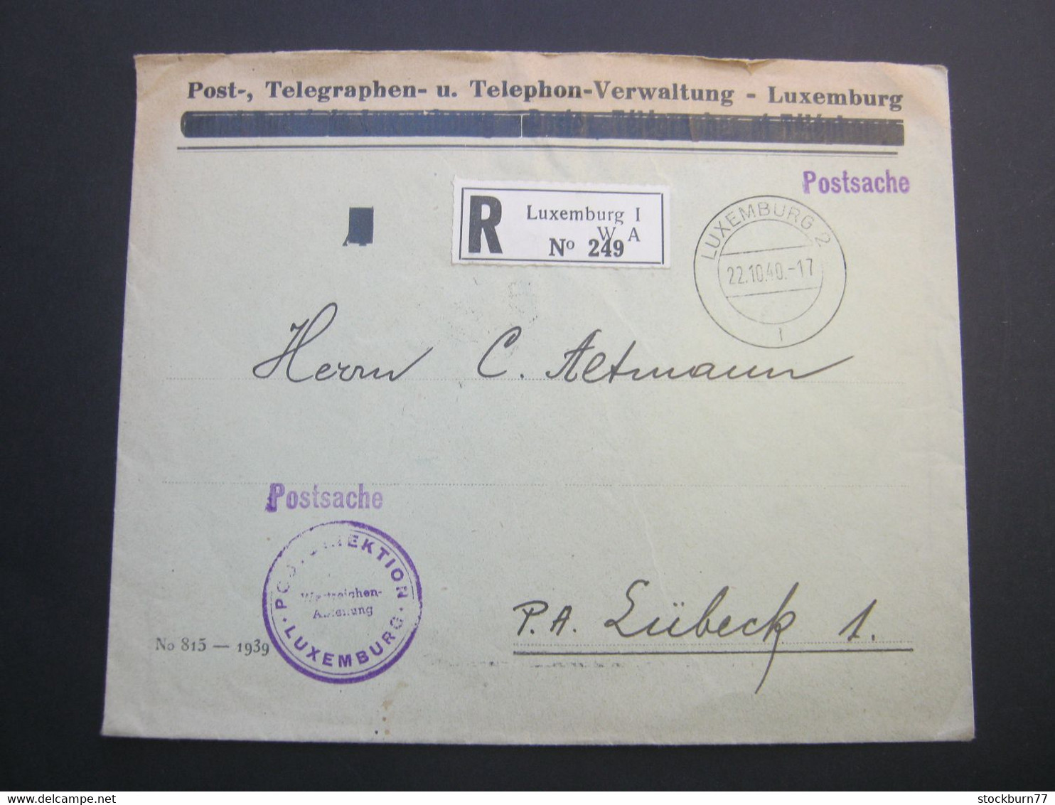 1940 , LUXEMBURG Postsache Als Einschreiben Nach Lübeck Mit Verschlussmarken - 1940-1944 Duitse Bezetting