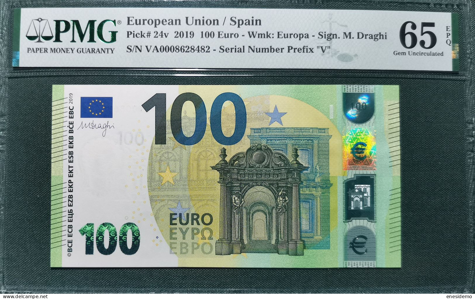 100 EURO SPAIN 2019 DRAGHI V001B2 VA000 CERTIFICATE PMG 65 RARE LOW SERIAL ONLY EVEN NUMBERS SC FDS UNCIRCULATED PERFECT - 100 Euro