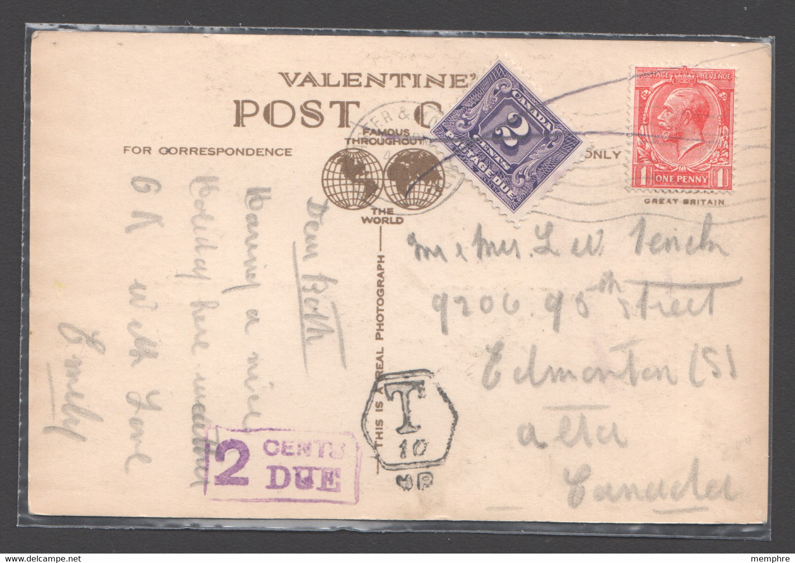 1932  2cents Tax Sc J7 On Postcard From  Great Britain - Port Dû (Taxe)