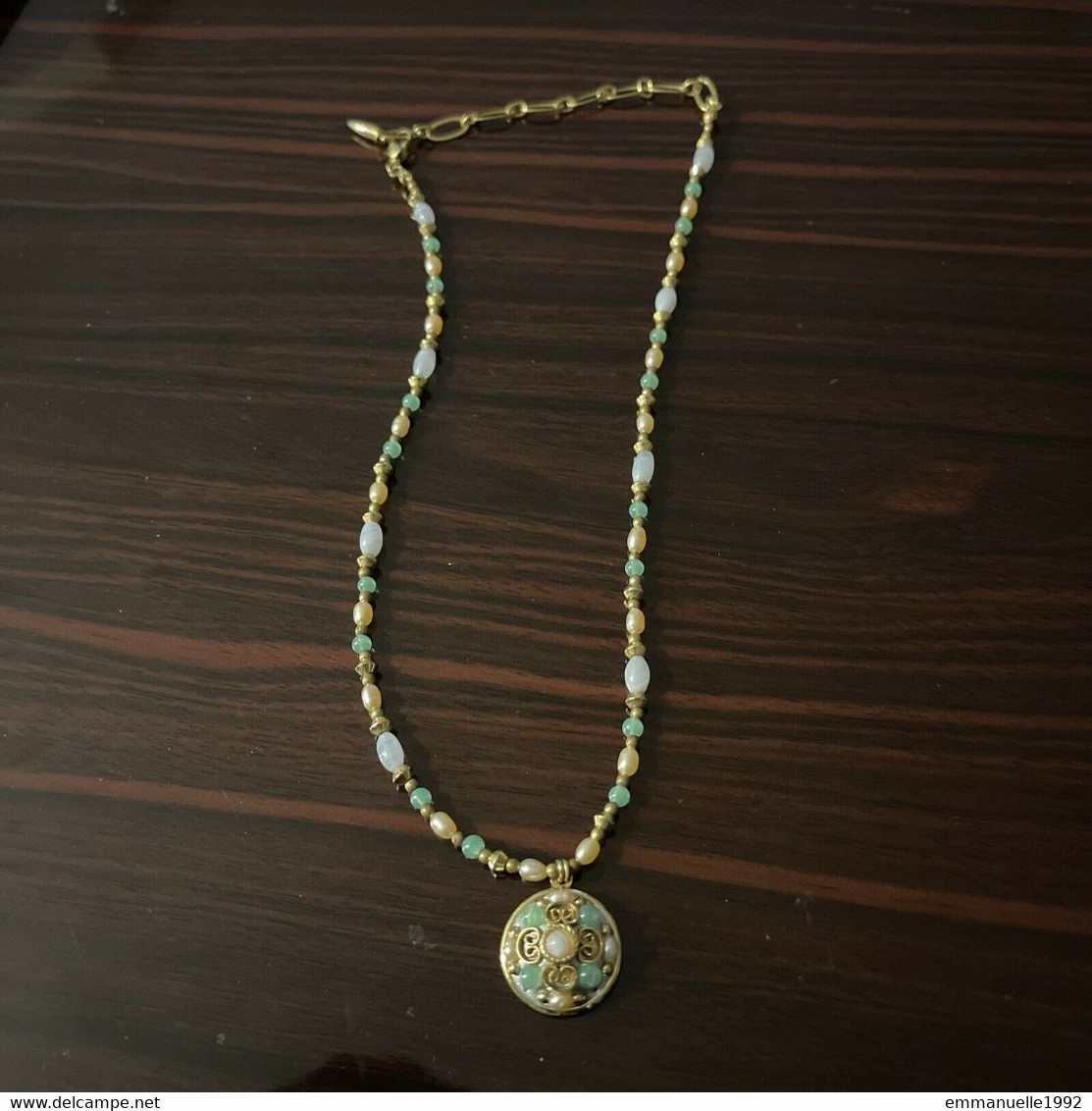 Collier Créateur Michal Golan Doré Perles D'eau Douce Amazonite Verte Et Verre - Colliers/Chaînes