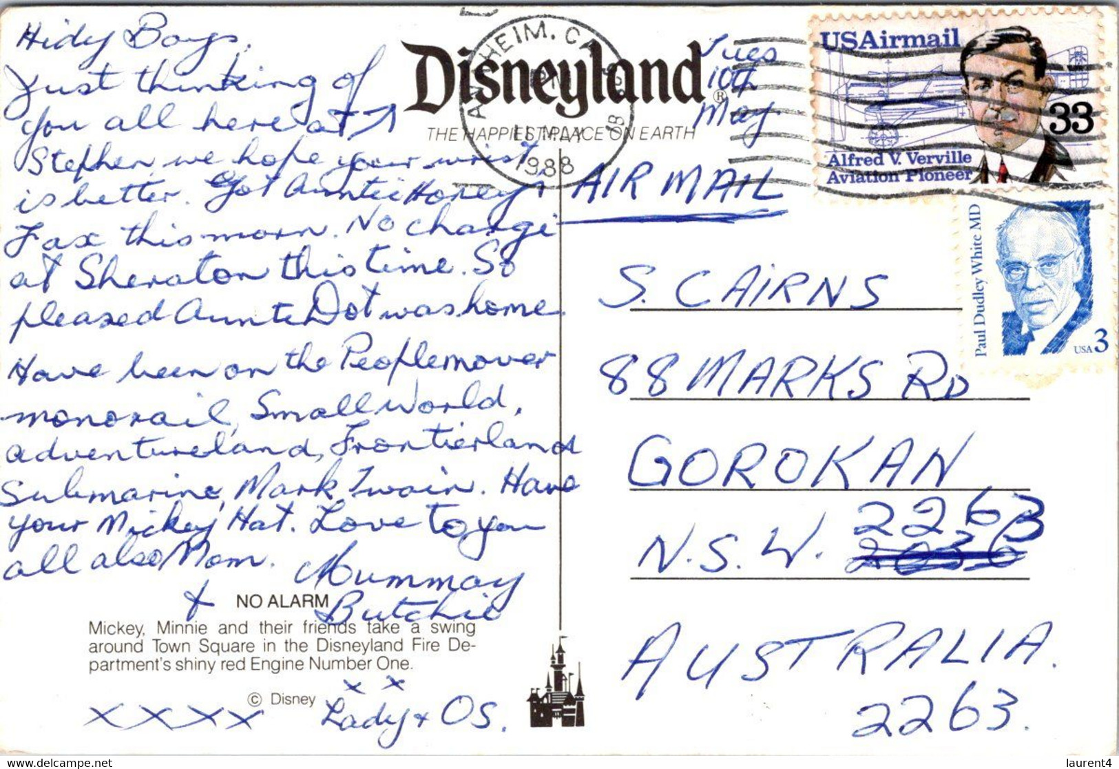 (3 H 11) USA - Disneyland (posted To Australia 1988) - Disneyland
