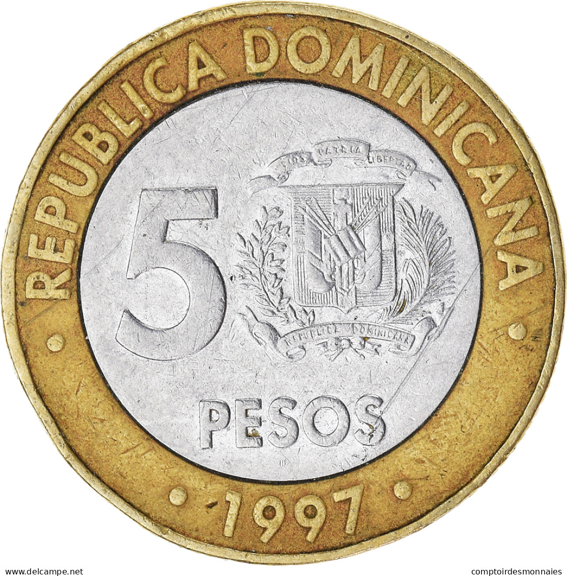 Monnaie, République Dominicaine, 5 Pesos, 1997 - Dominicaine