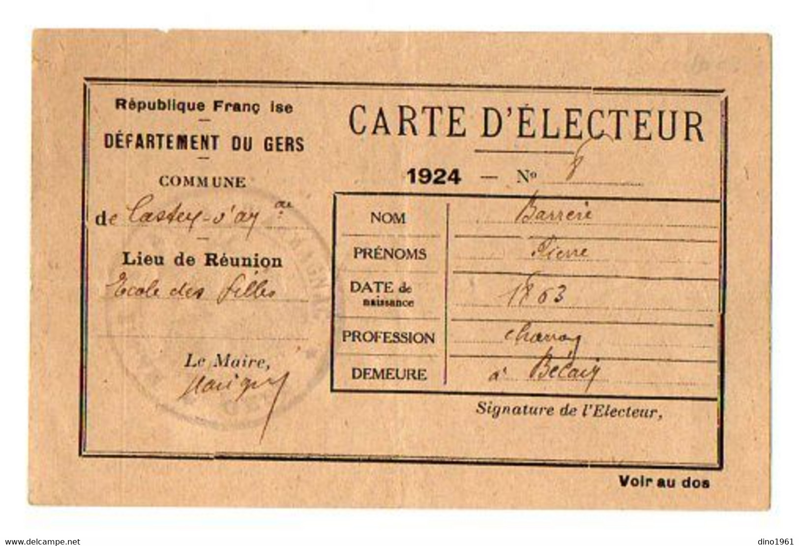 VP19.504 -  CASTEX - D' ARMAGNAC 1924  - Carte D'Electeur - Mr Pierre BARRERE Charron - Autres & Non Classés