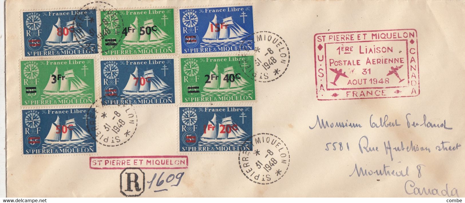 LETTRE. ST PIERRE ET MIQUELON. 31 AOUT 1948. 1° LIAISON POSTALE AERIENNE. ST PIERRE. CANADA. FRANCE. USA / 6000 - Covers & Documents