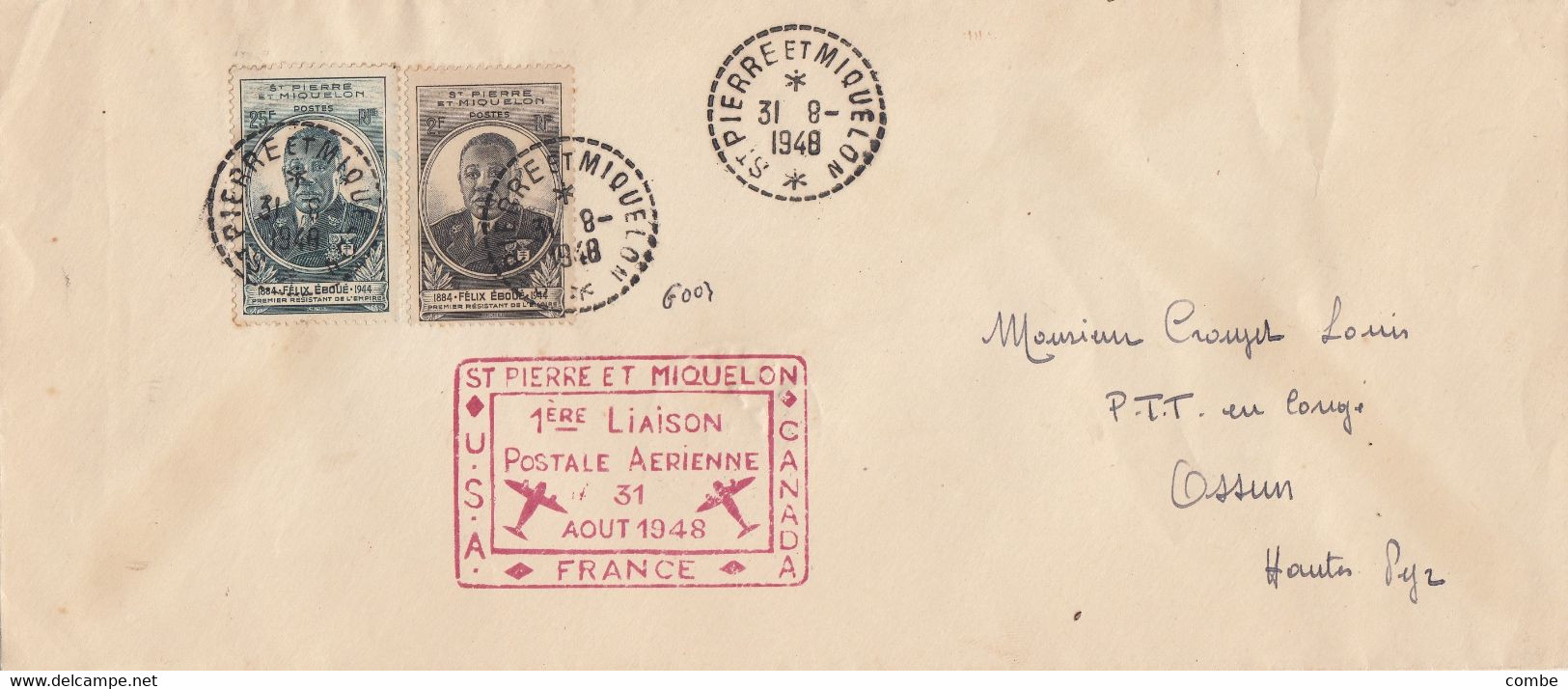 LETTRE. ST PIERRE ET MIQUELON. 31 AOUT 1948. 1° LIAISON POSTALE AERIENNE. ST PIERRE. CANADA. FRANCE. USA / 6000 - Covers & Documents