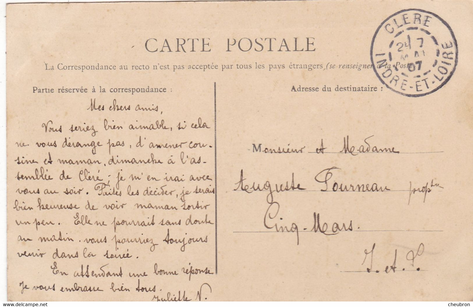 37. CLERE LES PINS. CPA. CHATEAU DE CHAMPCHEVRIER. FAÇADE OUEST . ANNEE 1907 + TEXTE - Cléré-les-Pins