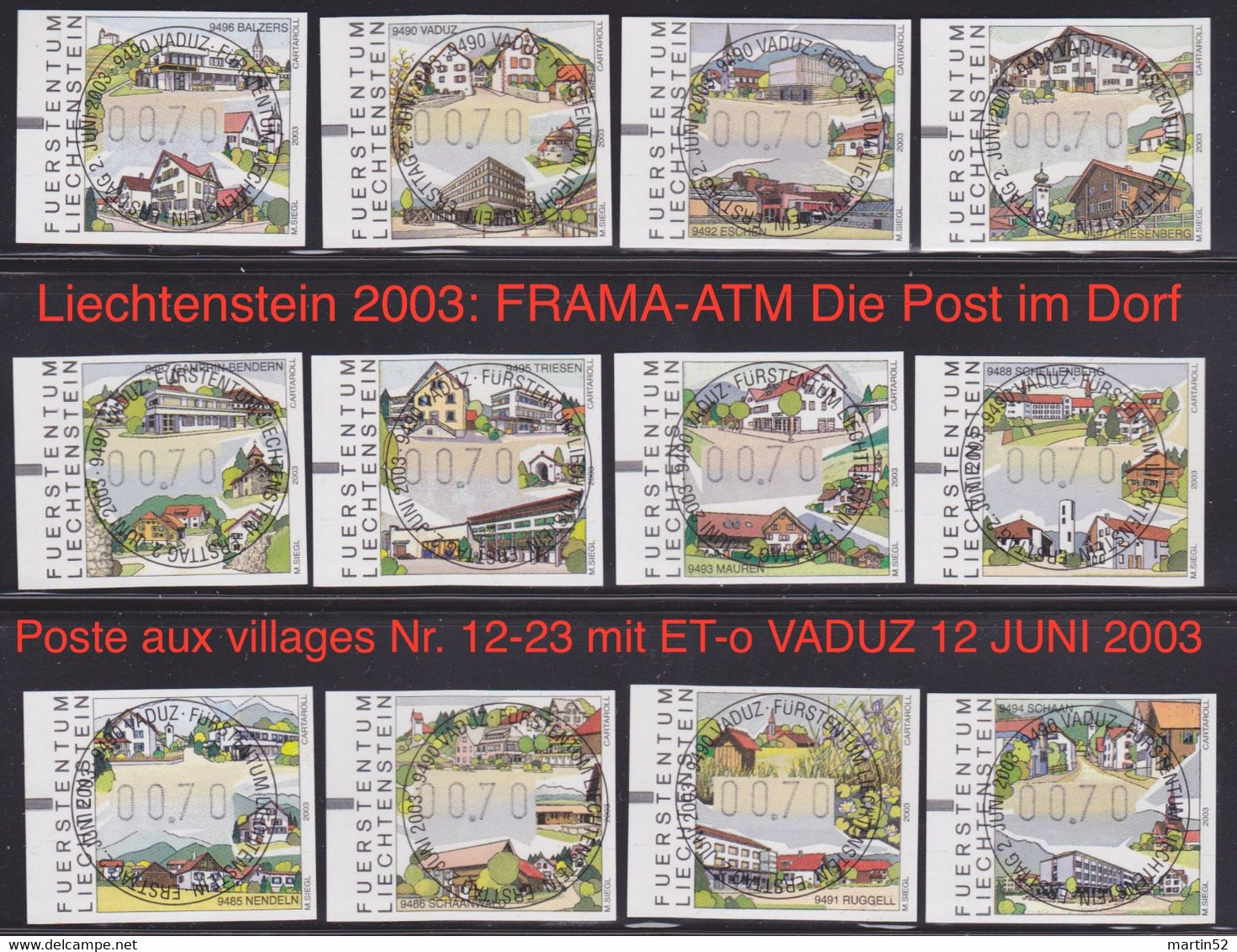 Liechtenstein 2003: FRAMA-ATM Die Post Im Dorf - Poste Aux Villages Nr. 12-23 Mit ET-⊙ VADUZ 12 JUNI 2003 (Zu CHF 12.00) - Machines à Affranchir (EMA)