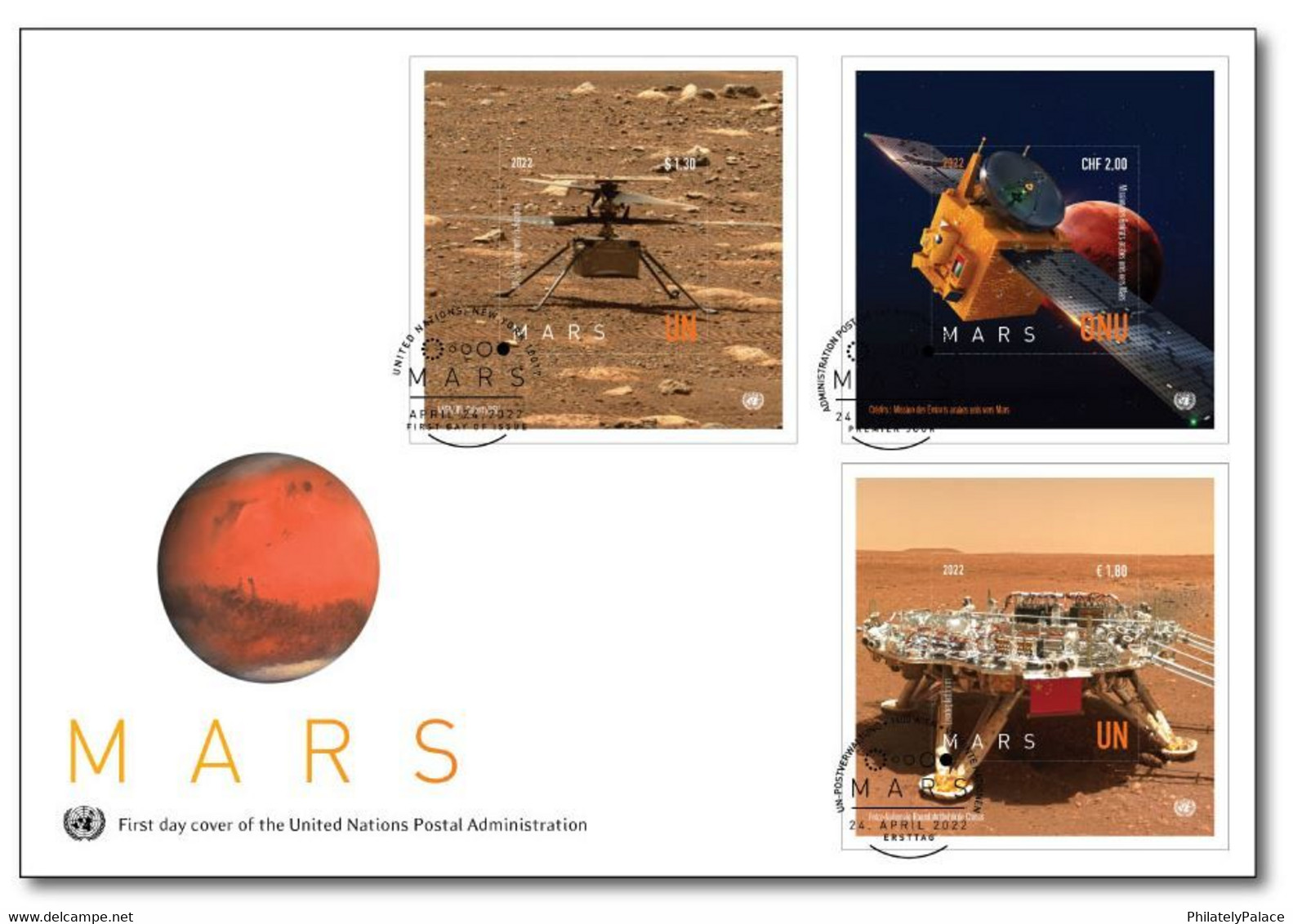 UN 2022 United Nations Planet Mars ,UAE Hope Probe, China Zhurong Rover Landing, Ingenuity Helicopter FDC (**) - Briefe U. Dokumente