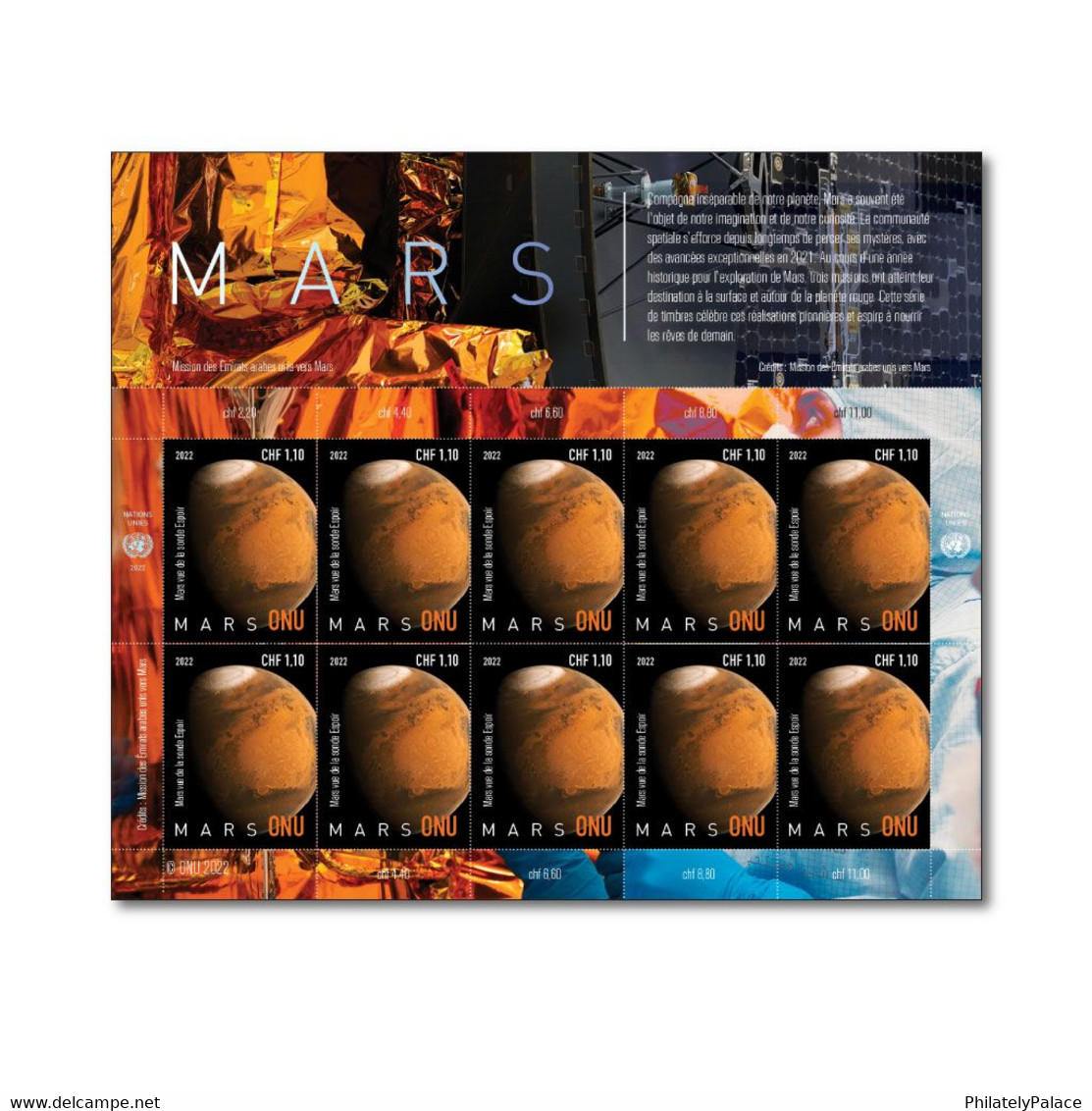 UN 2022 United Nations Planet Mars ,UAE Hope Probe, China Zhurong Rover Landing, Ingenuity Helicopter 6V MNH Sheet (**) - Ungebraucht