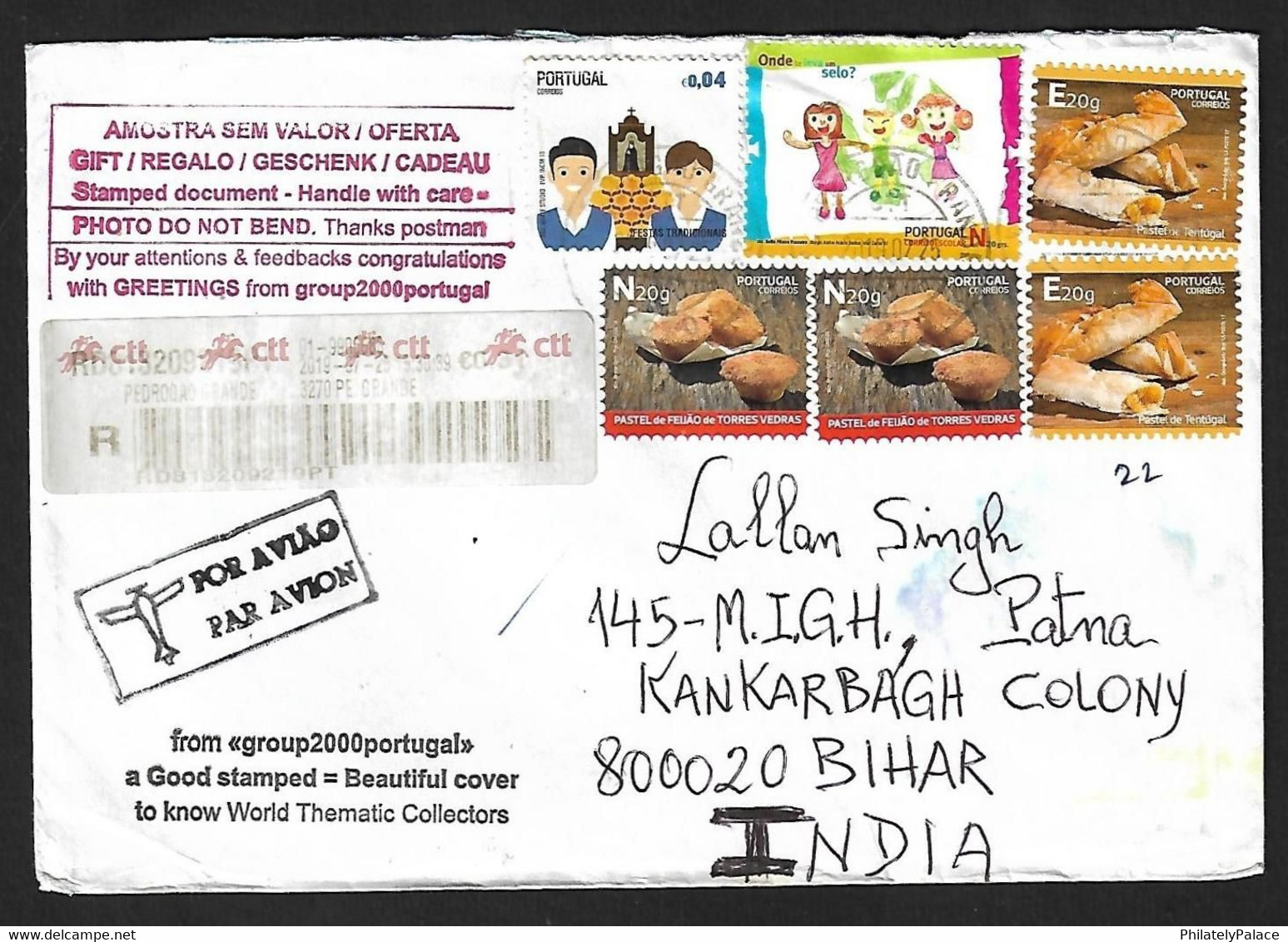 Portugal 2019 Registered Cover, Beaultiful Colourful, Gastronomy Food, Bread, Chruch , Children Earth To India (**) - Brieven En Documenten