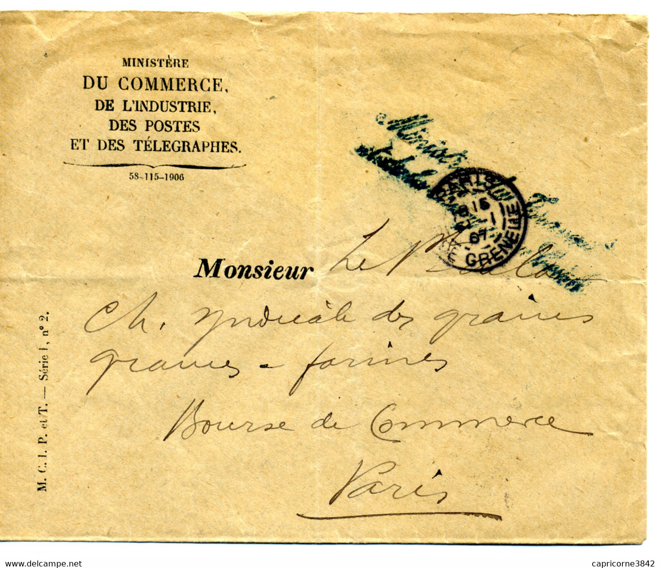 1907 - Lettre En Franchise Du "MINISTERE DU TRAVAIL ET DE LA PREVOYANCE SOCIALE" Cachet  PARIS RUE DE GRENELLE - Civil Frank Covers