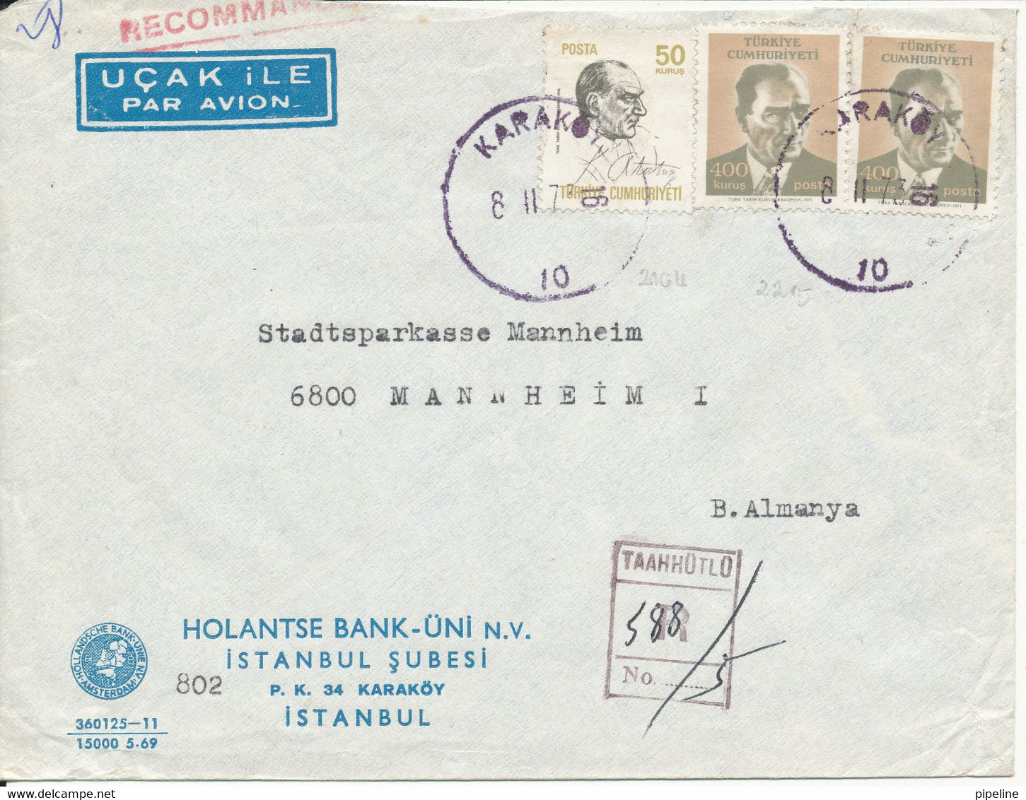 Turkey Registered Bank Cover Sent To Germany Karaköy 8-11-1973 - Briefe U. Dokumente