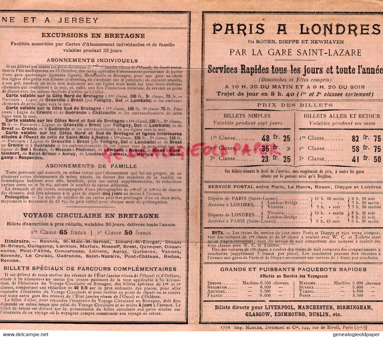 75- PARIS-22-35-29-14-CHEMINS FER ETAT-BAINS DE MER-NORMANDIE BRETAGNE ILE JERSEY LONDRES-TROUVILLE-YPORT-BARFLEUR-LION - Transport