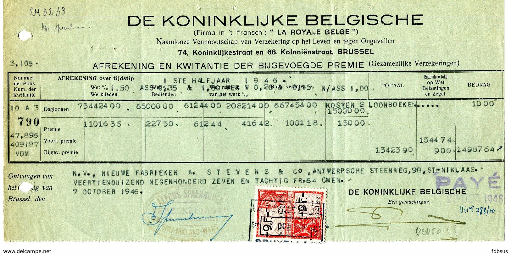 1946 Kwitantie Van DE KONINKLIJKE BELGISCHE Met Fiscale Zegels PERFIN R.B.  La Royale Belge - - Bank & Versicherung